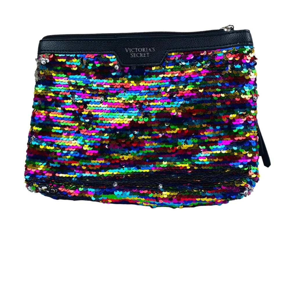 Victoria Secret Black Multicolor Sequin Faux Leather Travel Make Up Bag